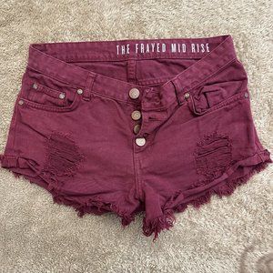 Red Frayed Mid-Rise Shorts, Size 4